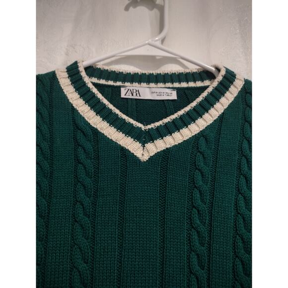 Zara Cable Knit Cropped Sweater Green V-Neck Cottage Preppy Festive Chic Medium - Picture 3 of 6